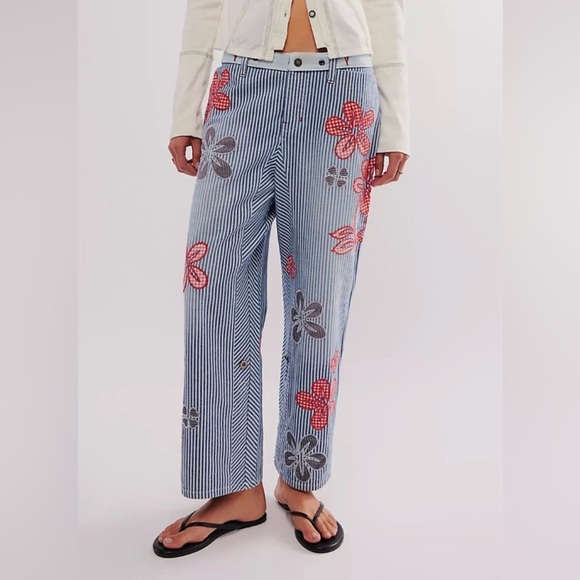 NWT We The Free Hot Tropics Cuffed Harem Pants 6 Striped Embroidered - Picture 2 of 13